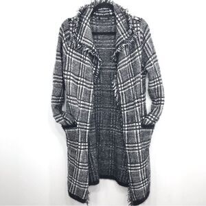 Two Sisters Black White Plaid Fringed Long Cardigan Sweater Coat